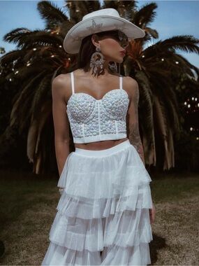 Lydia sz large White Embellished Bustier Crop Top with Iridescent Detailing